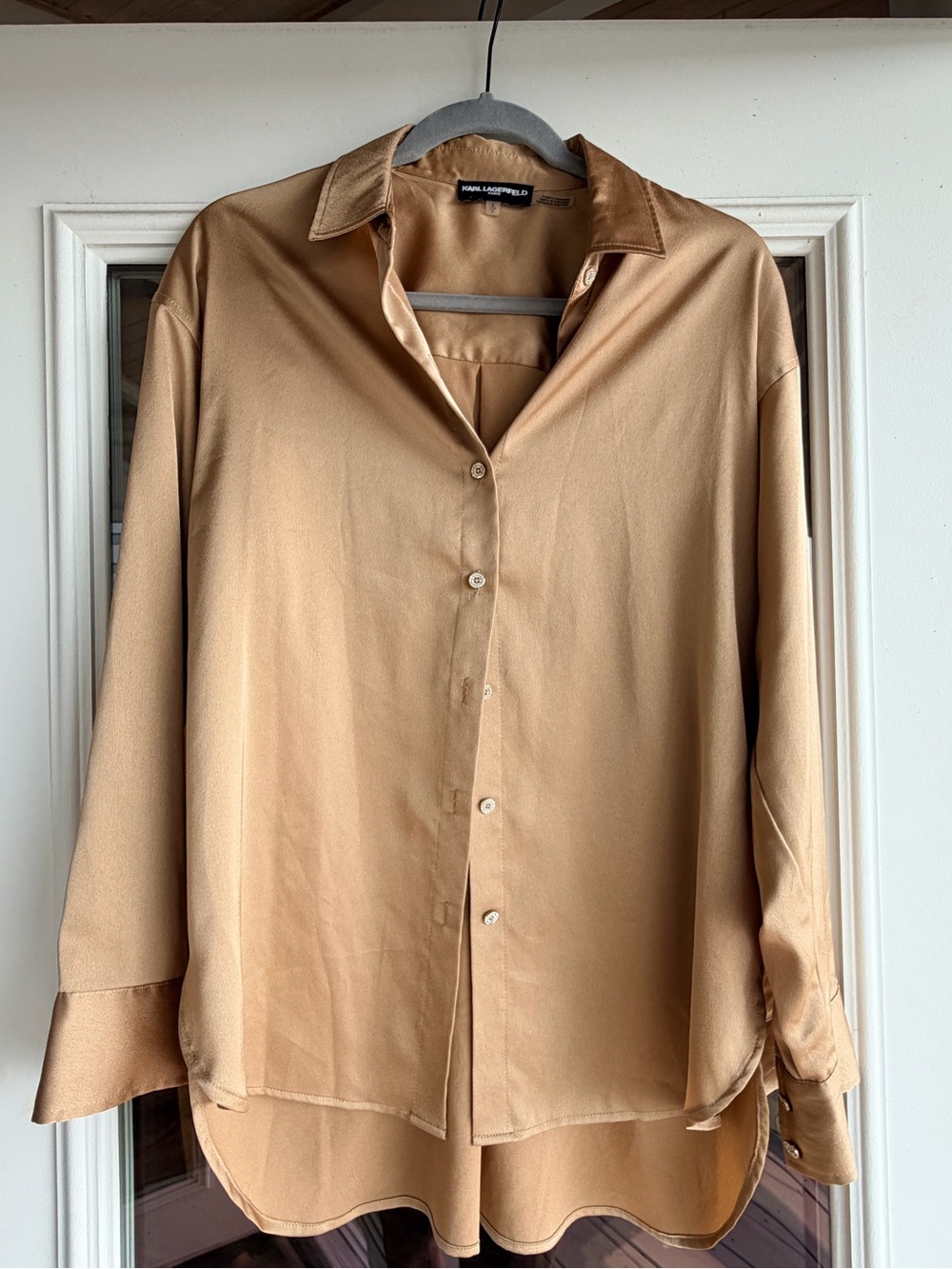 Karl Lagerfeld Tan Button-Down Silk-Blend Shirt